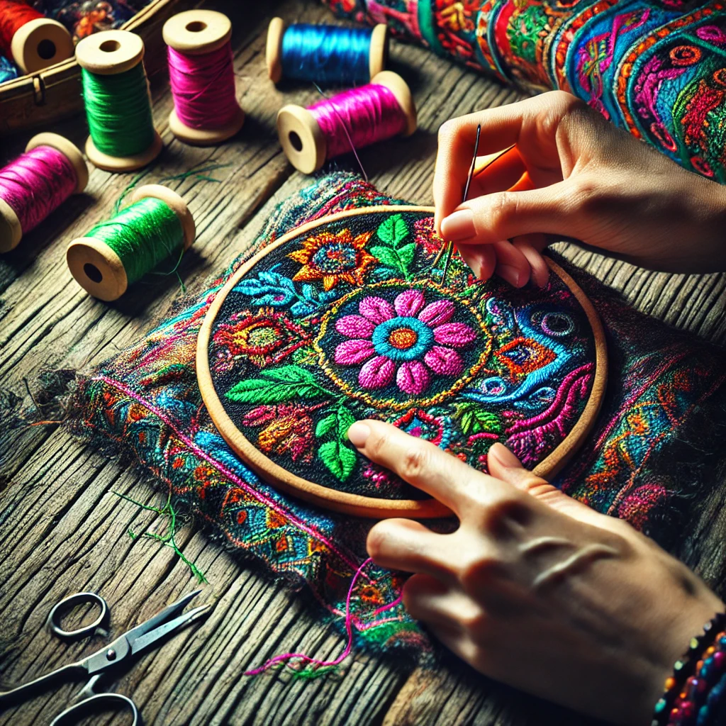 DALL·E 2024-08-24 10.03.23 - A vibrant close-up of a fabric patch being hand-stitched, with colorful embroidery threads creating intricate patterns. The scene is set on a rustic w.webp